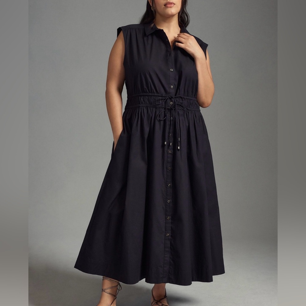 Anthropologie Maeve Button Down Midi Shirt Dress Cinch Tie Waist Navy Womens XXS